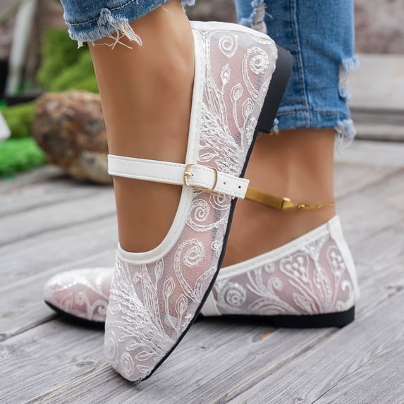 Women's Elegant Square Toe Embroidered Strappy Flat Pumps Single Ankle Strap Soft Sole Lightweight Breathable Non Slip Comfortable Casual Shoes For Everyday Wear White 39