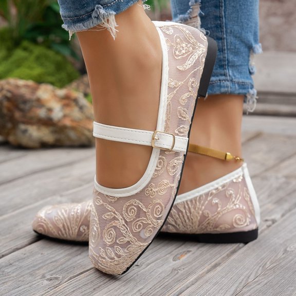 Women's Elegant Square Toe Embroidered Strappy Flat Pumps Single Ankle Strap Soft Sole Lightweight Breathable Non Slip Comfortable Casual Shoes For Everyday Wear Gold 37