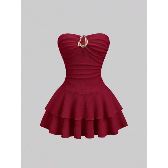 Women's Elegant Strapless Double Layer Ruffle Mini Dress, Red, Sizes L-M