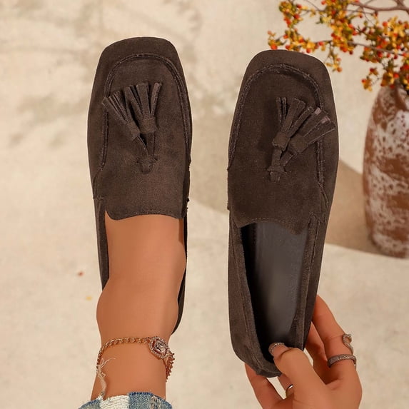 Women's Elegant Suede Fringe -On Flats: Comfortable, Soft-Sole LoafersâLightweight, Fashionable Driving Shoes for Spring and Fall, for Everyday and All-Day Wear Coffee 42
