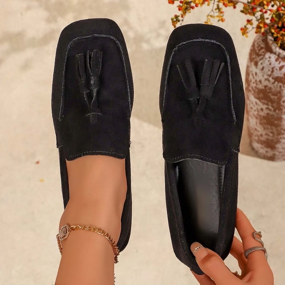 Women's Elegant Suede Fringe -On Flats: Comfortable, Soft-Sole LoafersâLightweight, Fashionable Driving Shoes for Spring and Fall, for Everyday and All-Day Wear Black 35