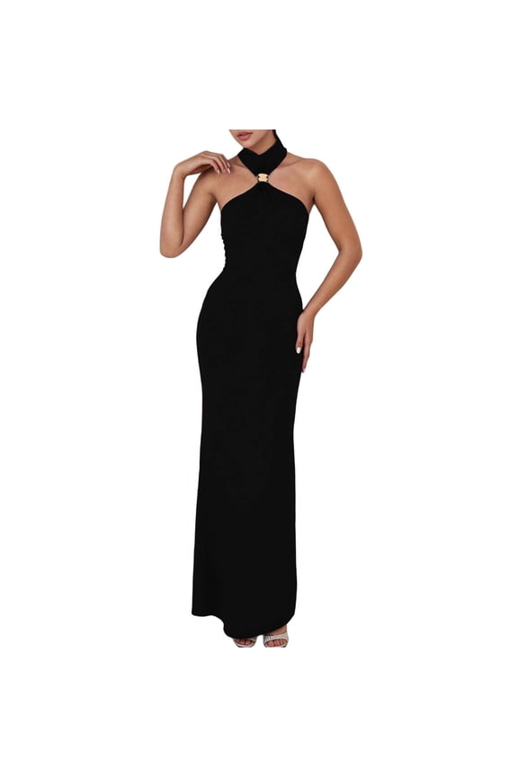 Women's Elegant Summer Bodycon Dress High Neck Sleeveless Slit Hem Casual Maxi Dress For Daily Wear Outing And