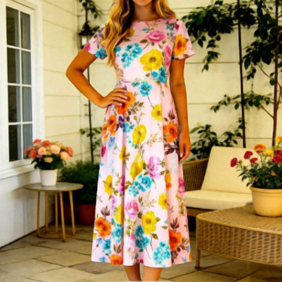 Women's Elegant Summer Midi A-Line Dress Short Sleeve Crew Neck Floral Pattern High Waist Flowy Swing Sun Dress For Garden Party Wedding Guest Daily Wear