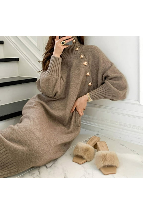 Women's Elegant Sweater Dress Turtleneck Long Sleeve Button Up Knitted Loose Maxi Dresses With Belt Long Sleeve Mini Dress for Women Dressy Sweater Dresses for Women Sweater Dress plus Size Maternity