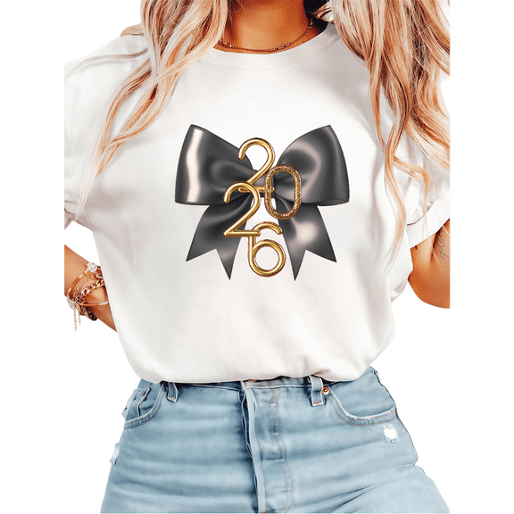 Women's Elegant T-Shirt - 2026 Satin Bow Print Tee - Luxury Metallic New Year Short Sleeve Tops