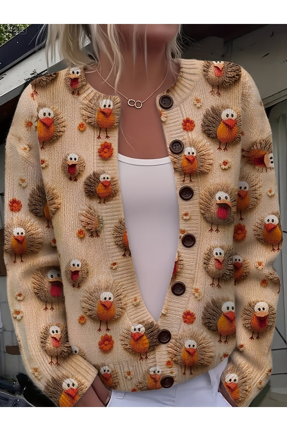 Women's Elegant Turkey Print Cardigan Sweater - Playful Turkey Face Design with Expressive Eyes, Soft Long Sleeve Round Neck Button Front, Cozy Fall Winter Layering Piece, Casual Chic