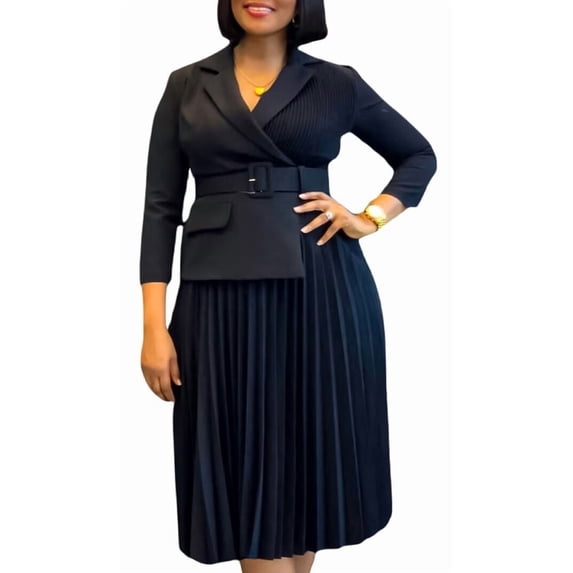 Women's Elegant V Neck 3/4 Sleeve Self Tie Waist Casual Work Blazer Mini Dress