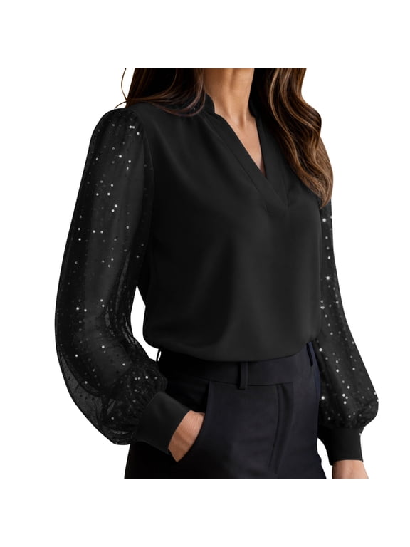 Women's Elegant V Neck Chiffon Blouse Sheer Sequin Lantern Long Sleeve Dressy Shirts formal Party office Cocktail Party Tops Black