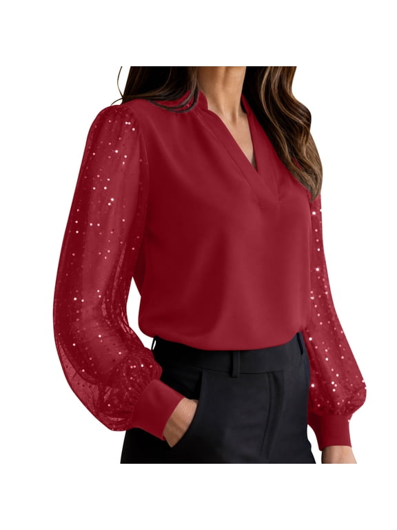 Women's Elegant V Neck Chiffon Blouse Sheer Sequin Lantern Long Sleeve Dressy Shirts formal Party office Cocktail Party Tops Wine