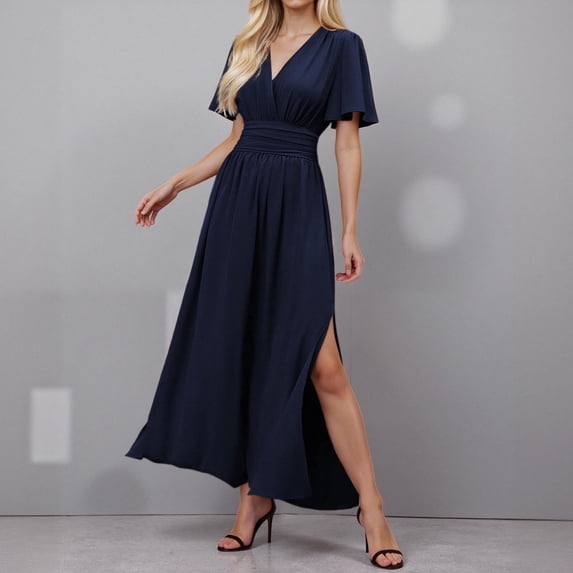 Women's Elegant V Neck High Waist Long Dress Summer Pleated Sleeve Side Slit Ruched Dresses For Evening Wedding Party Casual Short Dress for Women Dresses for Women for Work Womens Deep V Neck Printed