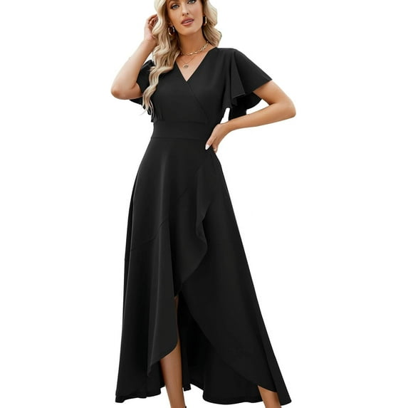 Women's Elegant V Neck Ruffle Sleeve Maxi Dress Solid Color Flowy Formal Cocktail Party Wedding Guest Work Dresses