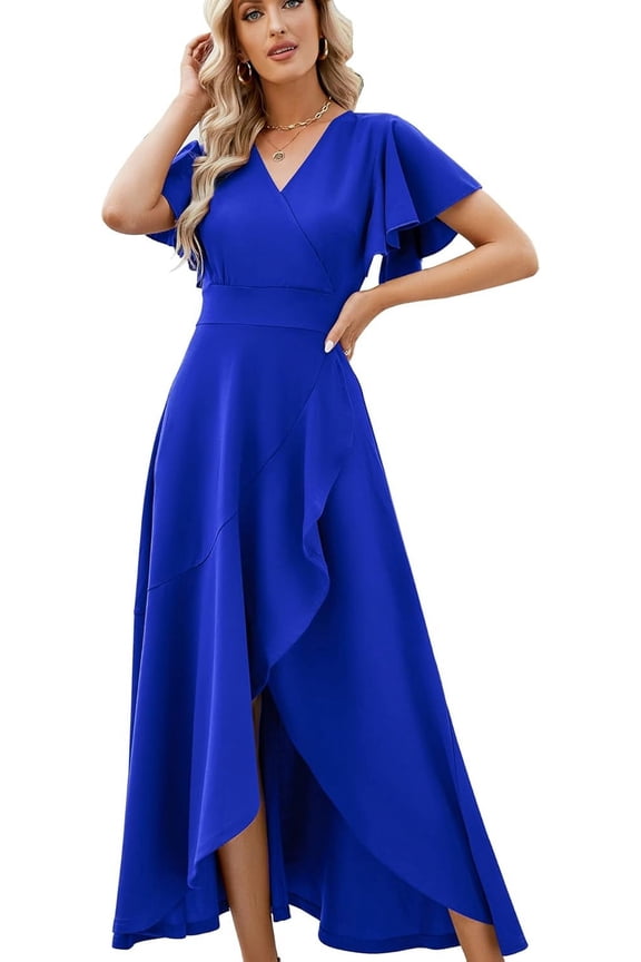 Women's Elegant V Neck Ruffle Sleeve Maxi Dress Solid Color Flowy Formal Cocktail Party Wedding Guest Work Dresses