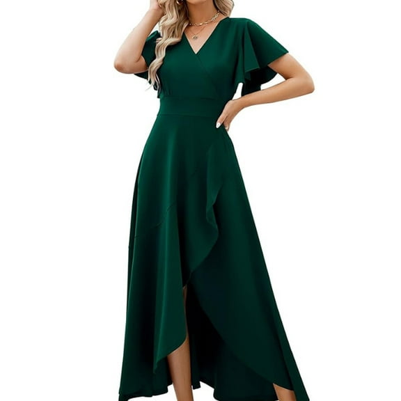 Women's Elegant V Neck Ruffle Sleeve Maxi Dress Solid Color Flowy Formal Cocktail Party Wedding Guest Work Dresses