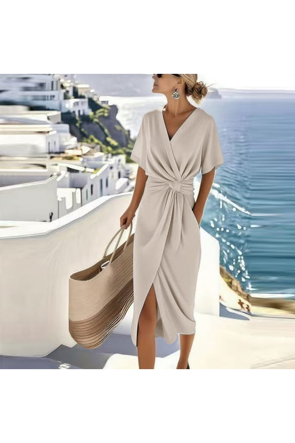 Women's Elegant V Neck Short Sleeve Midi Wrap Dress Front Knot Ruched Waist Side Split Slit Bodycon Sheath Dress For Business Office Cocktail