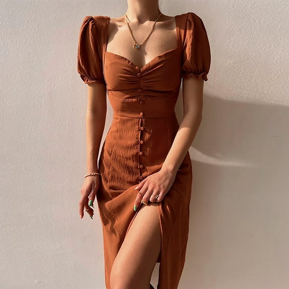 Women's Elegant V Neck Single A Line Midi Dress For Office And Daily Wear Women's Casual Dress Brown S