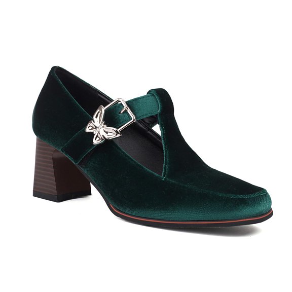 Women's Elegant Velvet Chunky High Heels Pumps with Bow Buckle Fashion Closed Round Toe Block Heel Hollow Out Mary Janes Comfort Vintage Dress Party Prom Shoes