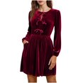 thumbnail image 1 of Women's Elegant Velvet Dress Long Sleeve Round Collar Bow Detail Pockets Knee-Length Casual Temperament Daily Party Fashion Wear Outfit Wine L, 1 of 6