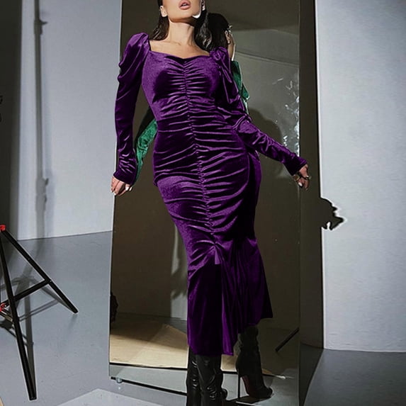 Women's Elegant Velvet Dress Puff Long Sleeve Bodycon Ruched Cocktail Party Maxi Dresses Purple XL