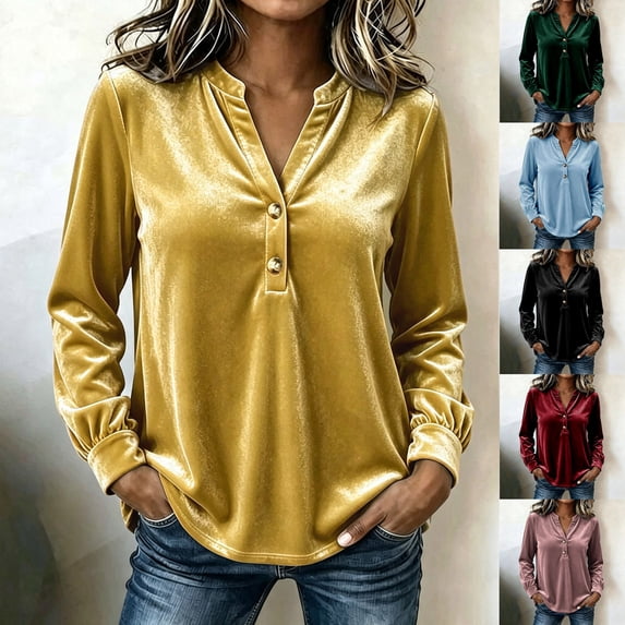 Women's Elegant Velvet Henley Blouse V Neck Long Sleeve Loose Tunic Shirts Dress Tops Fall Winter Business Casual Party Outfits Wine