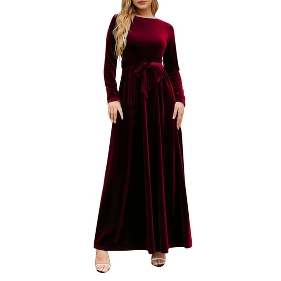 Women's Elegant Velvet Long Dress Casual Comfortable Round Neck Long Sleeve High End Solid Color Fashion Dress for Spring Autumn Winter