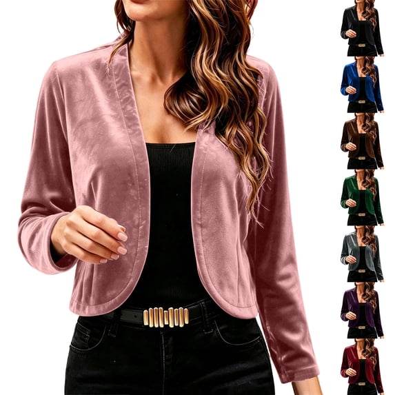 Women's Elegant Velvet Shrug Jacket Solid Color Long Sleeve Open Front Cropped Dress Cover Ups Lightweight Evening Party Cardigans Purple