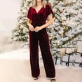 thumbnail image 1 of Women's Elegant Velvet Wide Leg Jumpsuit – Short Sleeve V Neck Wrap Long Rompers with Drawstring Waist for Cocktails Party Evening Wear Red XL, 1 of 7