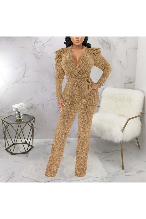 Women's Elegant Waist V Neck Flared Peplum Dress With Glittery Details For A Line Juniors Jumpsuits Formal Long Sleeve Wide Leg Jumpsuit Dress Rompers Women plus Jumpsuit plus Size Cute Overalls for