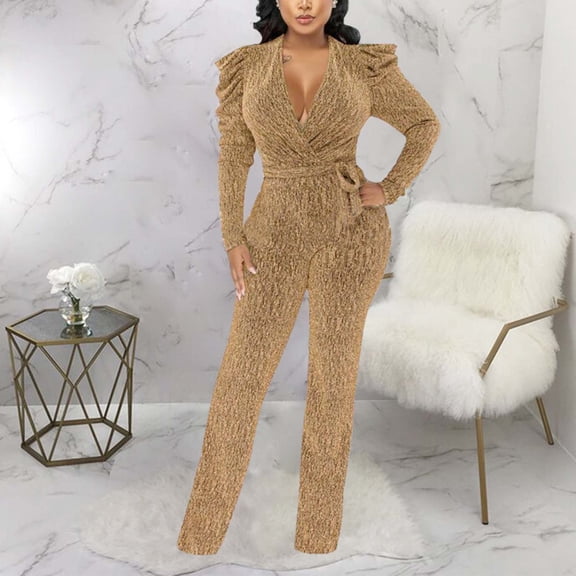 Women's Elegant Waist V Neck Flared Peplum Dress With Glittery Details For A Line Juniors Jumpsuits Formal Long Sleeve Wide Leg Jumpsuit Dress Rompers Women plus Jumpsuit plus Size Cute Overalls for
