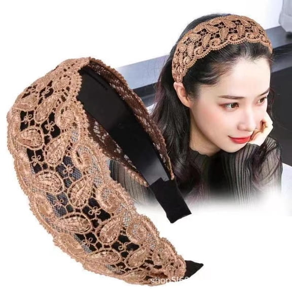 Women's Elegant Wide Headband with Lace Embroidery, 6cm Wide High-Toughness Fashion Hairband, Versatile Hair Accessory for Dating, Holiday and Daily Wear Coffee