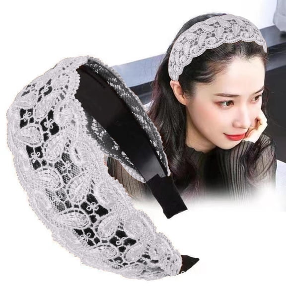 Women's Elegant Wide Headband with Lace Embroidery, 6cm Wide High-Toughness Fashion Hairband, Versatile Hair Accessory for Dating, Holiday and Daily Wear Grey