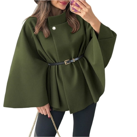 Women's Elegant Woolen Cape Coat - Solid Color Waist Tie Hooded Outerwear, Stylish Warm Winter Jacket, Army Green Size L