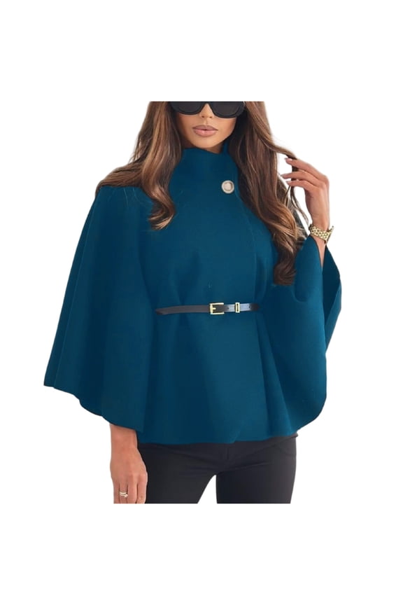Women's Elegant Woolen Cape Coat - Solid Color Waist Tie Hooded Outerwear, Stylish Warm Winter Jacket, Blue Size M