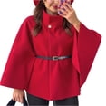 thumbnail image 1 of Women's Elegant Woolen Cape Coat - Solid Color Waist Tie Hooded Outerwear, Stylish Warm Winter Jacket, Red Size XXL, 1 of 6