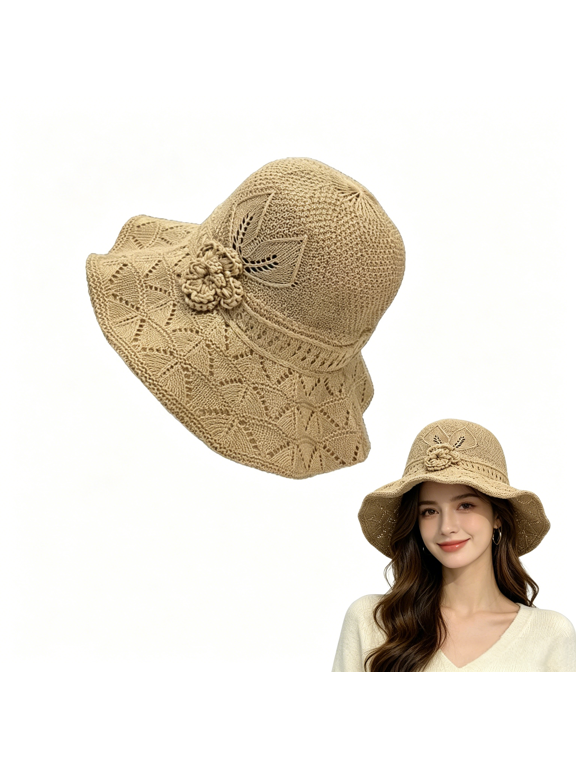 Women's Elegant Woven Straw Sun Hat Foldable & Breathable Summer Wide Brim Beach Hat for Vacations(RL Khaki)
