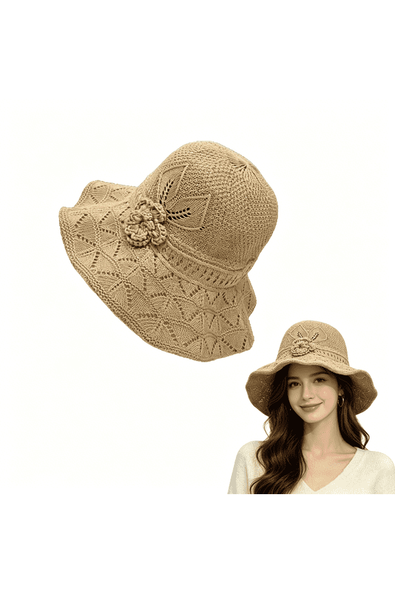 Women's Elegant Woven Straw Sun Hat – Foldable & Breathable Summer Wide Brim Beach Hat for Vacations(RL Khaki)