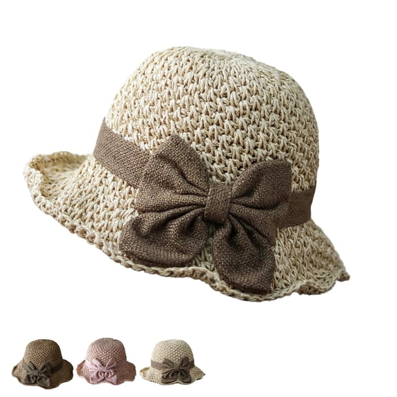 Women's Elegant Woven Straw Sun Hat with Ruffled Bow Foldable Breathable Summer