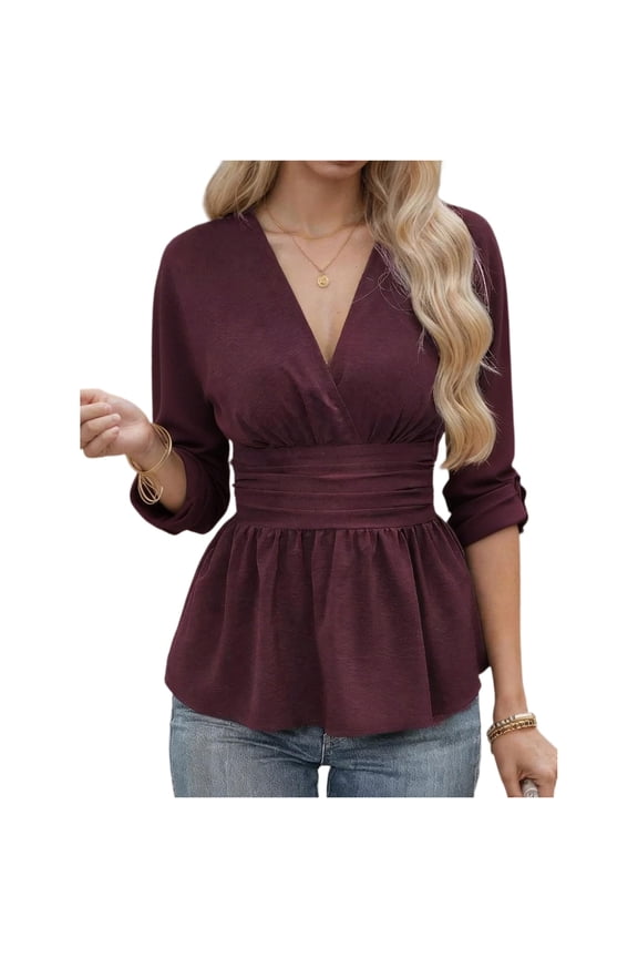 Women's Elegant Wrap V Neck Peplum Tops Short Sleeve Solid Color Stretchy Ruched Ruffle Dressy Blouses Shirts Dark Purple S