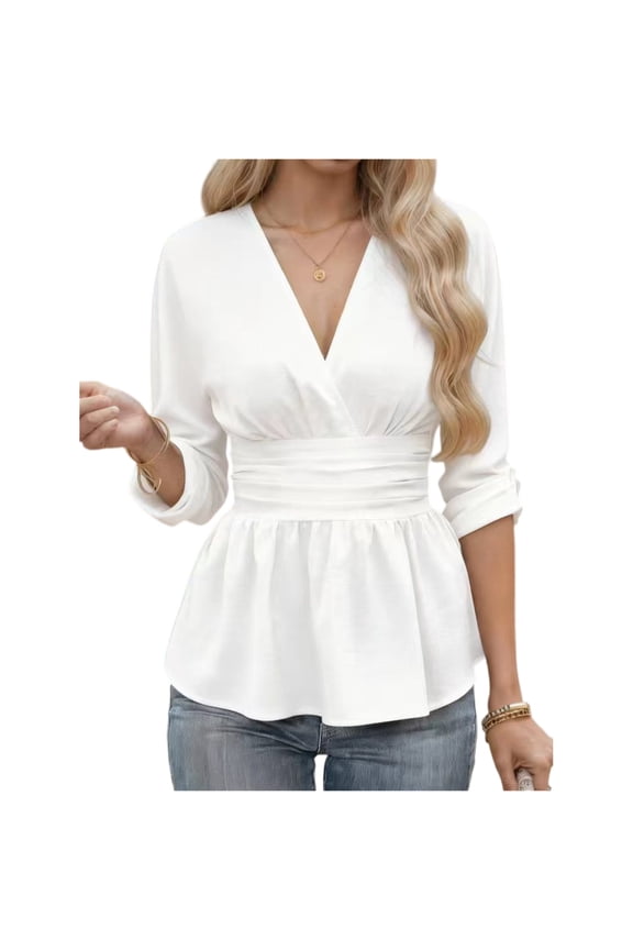 Women's Elegant Wrap V Neck Peplum Tops Short Sleeve Stretchy Ruched Ruffle Dressy Blouses Shirts White L