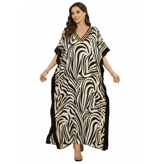 Women's Elegant Zebra Print Kaftan Dress V-Neck Long Sleeve Maxi Caftan Loose Fit Loungewear Gold Trim Beach Resort Evening