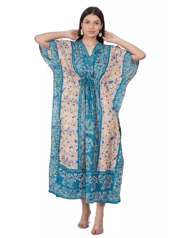 Women's Elephant Print Kaftan Maxi Dress Turquoise One Size Long Tunic Kimono Sleeve