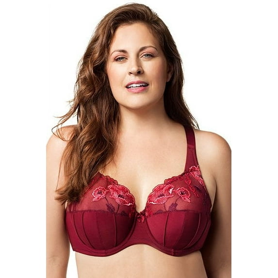 Women's Elila 2021 Glamour Satin & Embroidery Underwire Bra (Burgundy 34J)