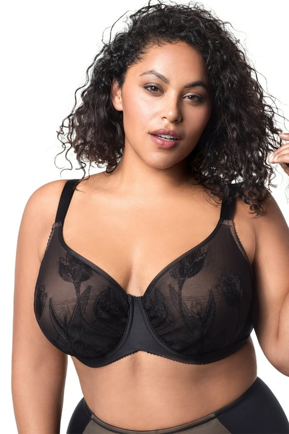 Women's Elila 2801 Tulip Embroidered Underwire Bra (Black Lace Nude 42E)