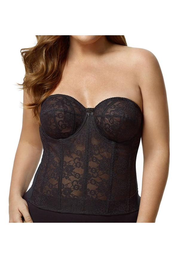 Women's Elila 6621 Lace Strapless Longline Underwire Bra (Black 48C)