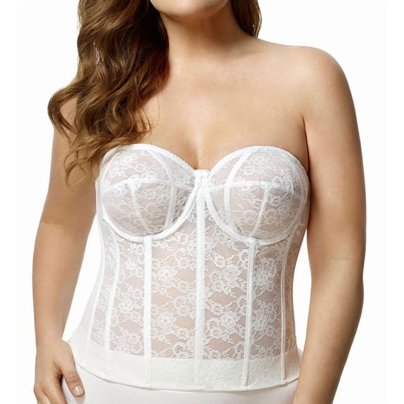 Women's Elila 6621 Lace Strapless Longline Underwire Bra (White 44G)
