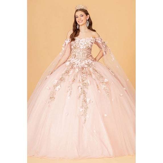 Women's Elizabeth K 3D Floral Cape Sleeve Ball Gown Gl3075 Rose Pink Gold Size 2XL