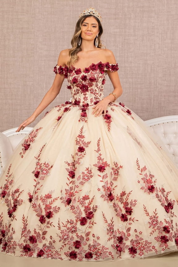 Women's Elizabeth K 3D Floral Off Shoulder Ball Gown Gl3105 Burgundy Andsize 3XL Burgundy/nude