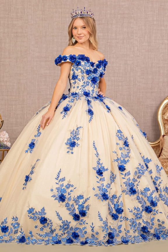 Women's Elizabeth K 3D Floral Off Shoulder Ball Gown Gl3105 Royal Blue Andsize S Blue/nude