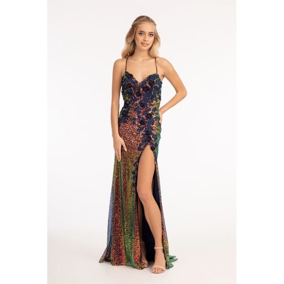 Women's Elizabeth K 3D Floral Sequin Gown Gl3025 Navy Blue Size 3XL