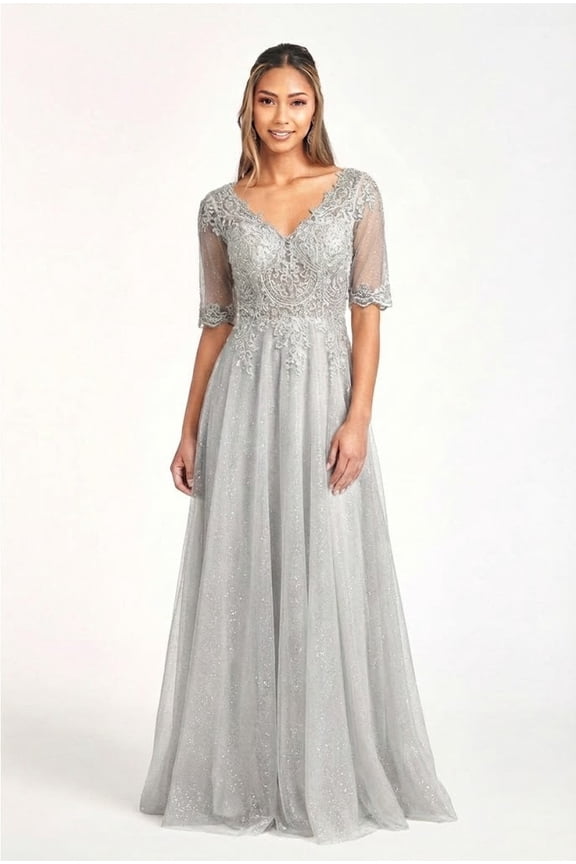 Women's Elizabeth K Applique Chiffon Mid Sleeve Gown Gl1982 Silver Size 4XL