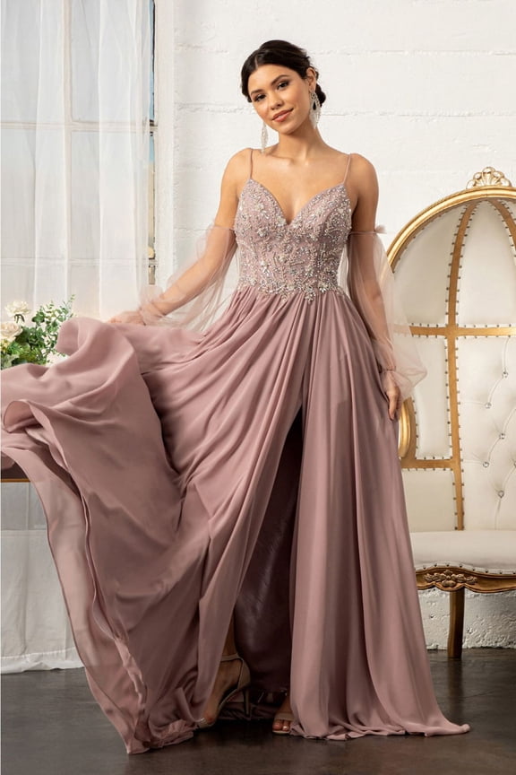 Women's Elizabeth K Beaded Bodice Chiffon Dress Gl3005 Mauve Size M